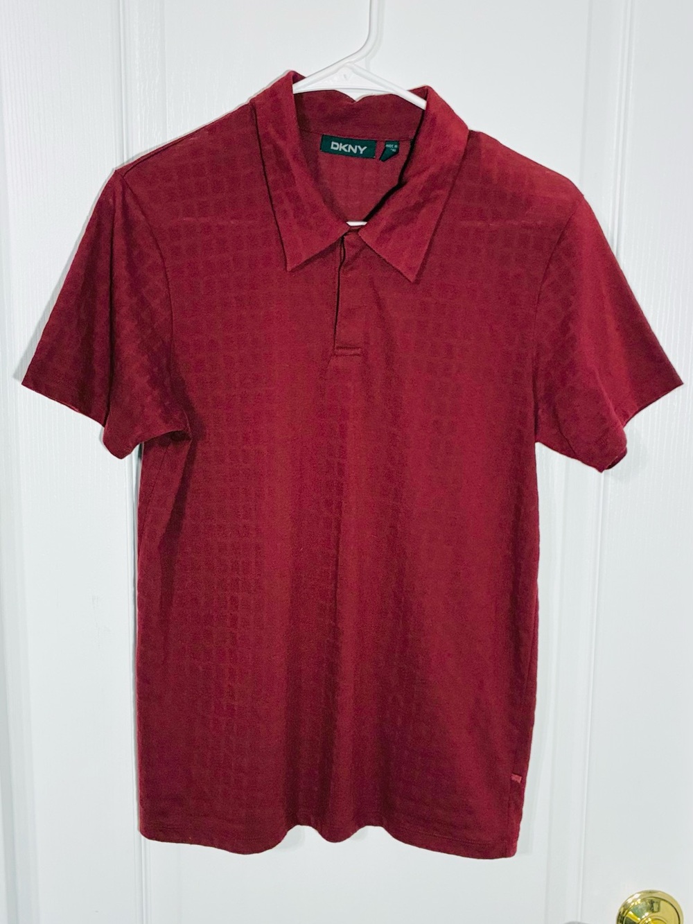 Y2K VTG DKNY Jacquard Geometric Pattern Polo Shirt Burgundy Men’s Small